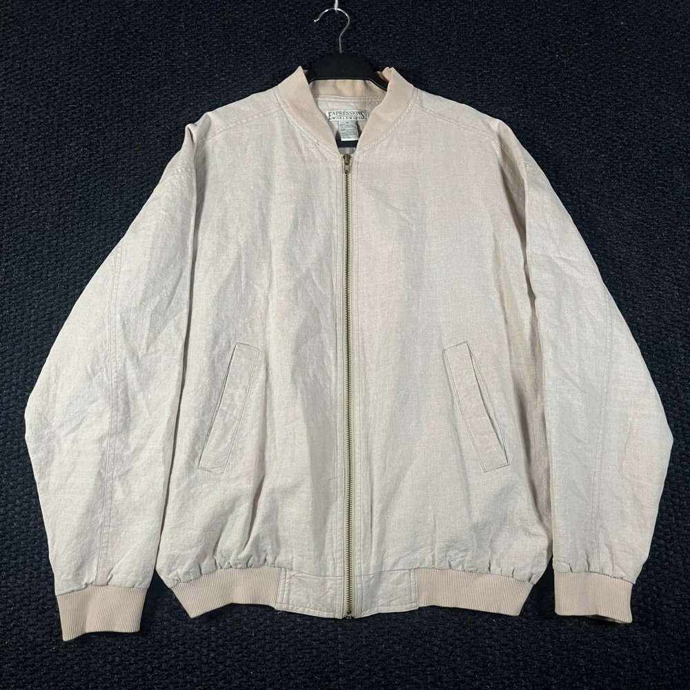 Expressions Worldwide Mens Medium Linen Cotton Blend Bomber Jacket Beige Zip Up